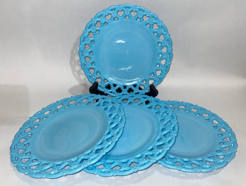 4pc 8.5" Vintage Fenton Pastel Blue Milk Glass Plates w/ Open Lace Edge, Daisies | Etsy (US)