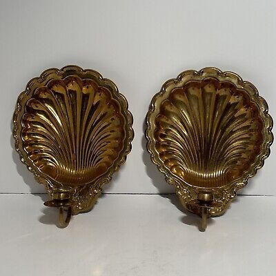RARE Clam Shell Wall Sconces Vintage 2 Brass Scalloped Candle Holders  | eBay | eBay US