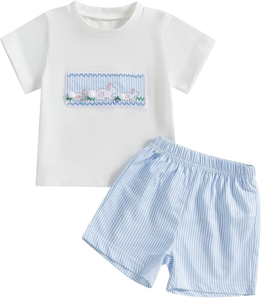 Toddler Baby Girl Boy Easter Outfit Bunny Short Sleeve Rabbit Shirt Stripes Shorts Cute Summer Cl... | Amazon (US)