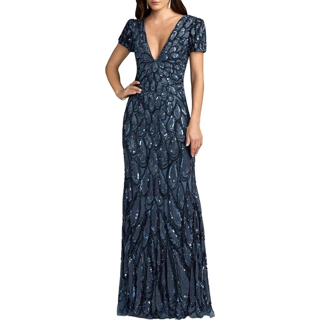 Mac Duggal Beaded Embellished V Neck Cap Sleeve Column Gown in Denim at Nordstrom, Size 10 | Nordstrom