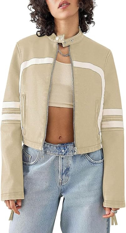 Saodimallsu Women’s Faux Leather Jackets Zip Up Stand Collar Cropped Motocross PU Coats | Amazon (US)