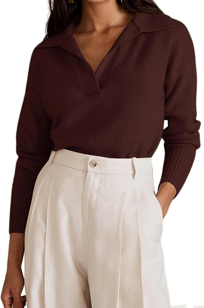 OLAPTA Women Knitted Lapel Collar Crop Sweater Polo V Neck Long Sleeve Loose Fit Casual Comfy Pul... | Amazon (US)