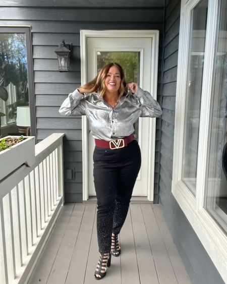 I do love a metallic moment!! This silky button up can be dressed up or down. I shopped my closet first these Rhinestone embellished jeans and the block heels are from my daughter. The belt is my latest purchase. 

#LTKFestival #LTKparties #LTKstyletip