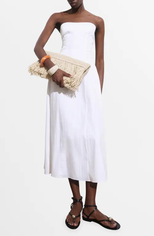 MANGO Strapless Cotton Blend Midi Dress in White at Nordstrom, Size 8 | Nordstrom