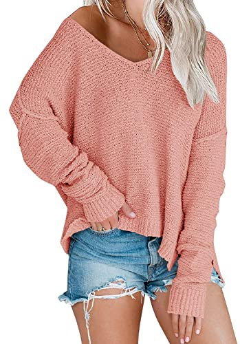Women’s Off Shoulder Knit Sweaters Oversized V Neck Long Sleeve Loose Lightweight Pullover Tops | Amazon (US)