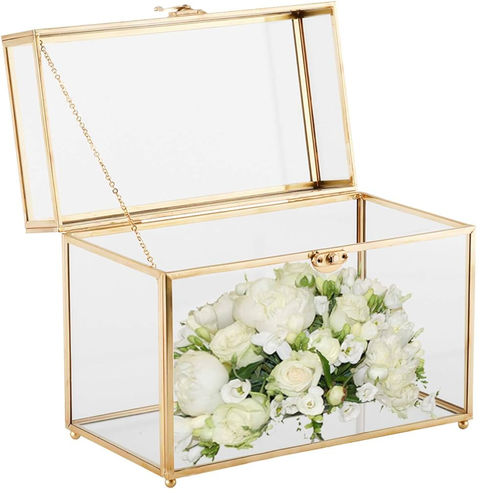 HighFree 10" Handmade Wedding Glass Card Box, Large Gold Terrarium Clear Glass Box (Gold no slot) | Amazon (US)