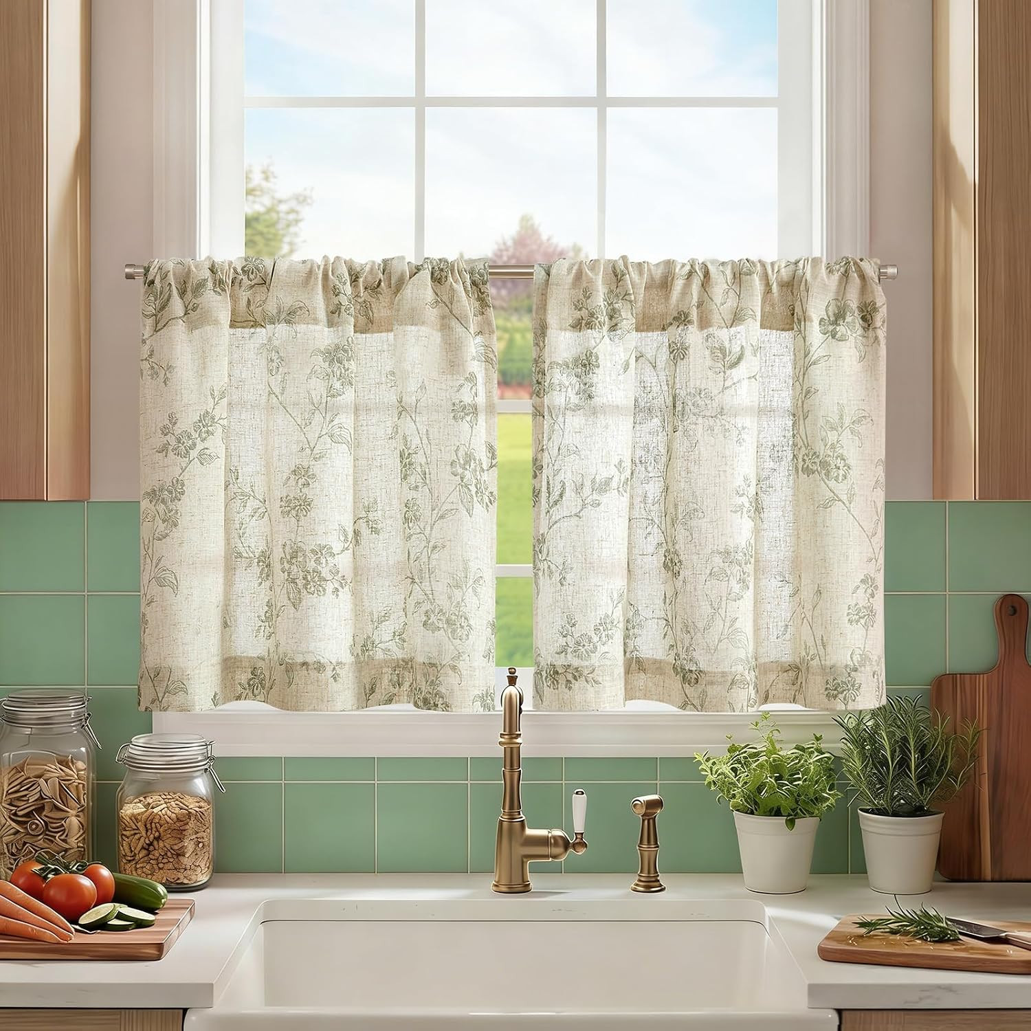 jinchan Floral Linen Kitchen Tier Curtains, 24 Inch, 2 Panels, Green | Amazon (US)