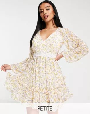 Ever New Petite contrast lace open back mini dress in yellow floral | ASOS | ASOS (Global)