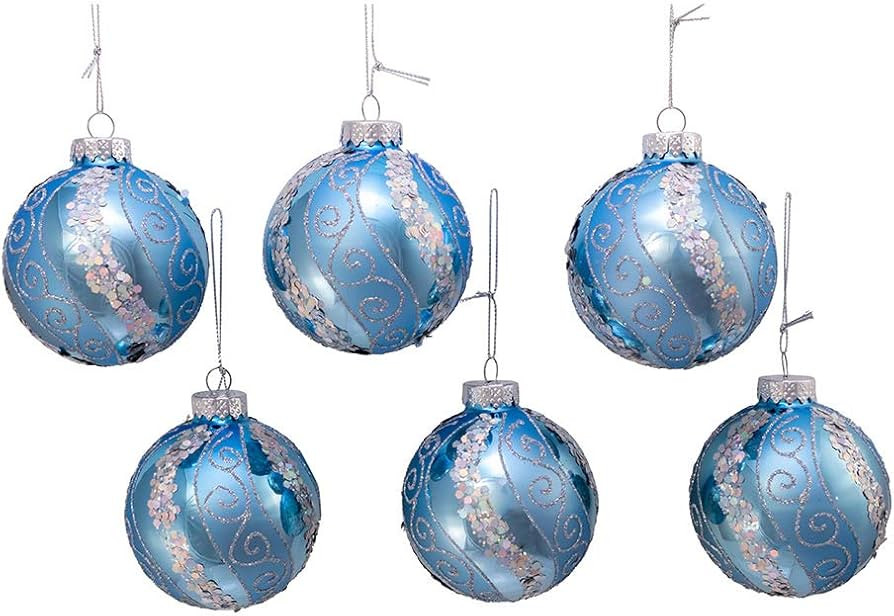 Kurt Adler 80MM Silver Blue with Glitter and Sequins Glass Ball Ornaments, 6 Piece Box | Amazon (US)