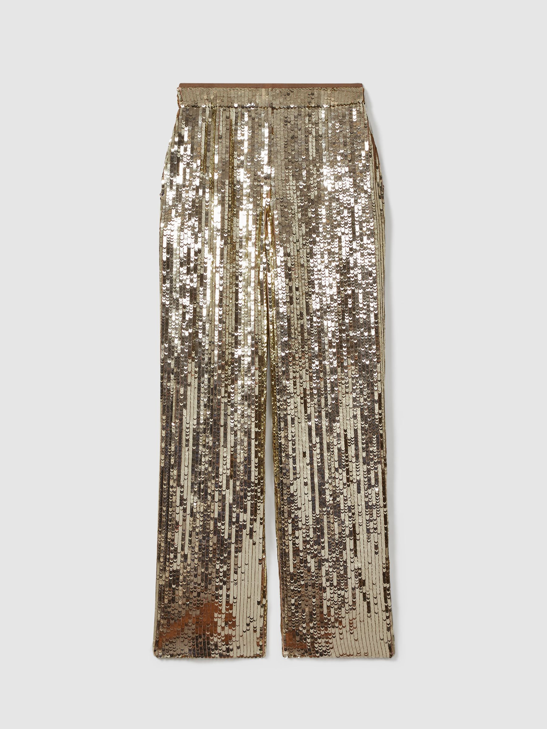 Reiss Atelier Sequin Wide Leg Trousers in Gold - REISS | Reiss UK