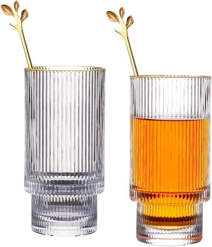 IYTBILQ Ribbed Glass Cups Set of 2, 12oz Vintage Ribbed Glassware, Origami Style Glassware Set fo... | Amazon (US)