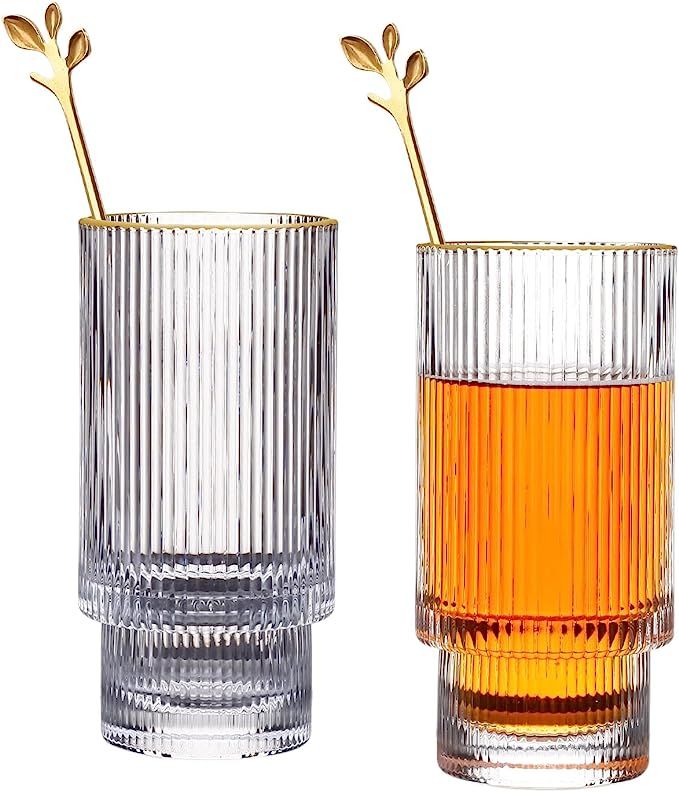 IYTBILQ Origami Style Glass Cups, Drinking Glasses with Coffee Spoon 2pc Set, Ripple Vintage Glas... | Amazon (US)
