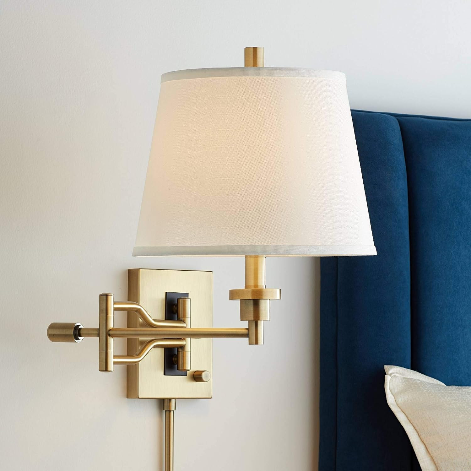 Barnes and Ivy Eleganta Modern Swing Arm Wall Lamp Brushed Satin Brass Plug-in Light Fixture Dimmable White Linen Empire Shade for Bedroom Bedside House Reading Living Room Home Hallway Dining | Amazon (US)