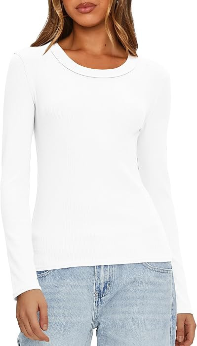 Darong Women's Ribbed Knit Long Sleeve Tops Crew Neck Slim Fit Basic Shirts | Amazon (US)