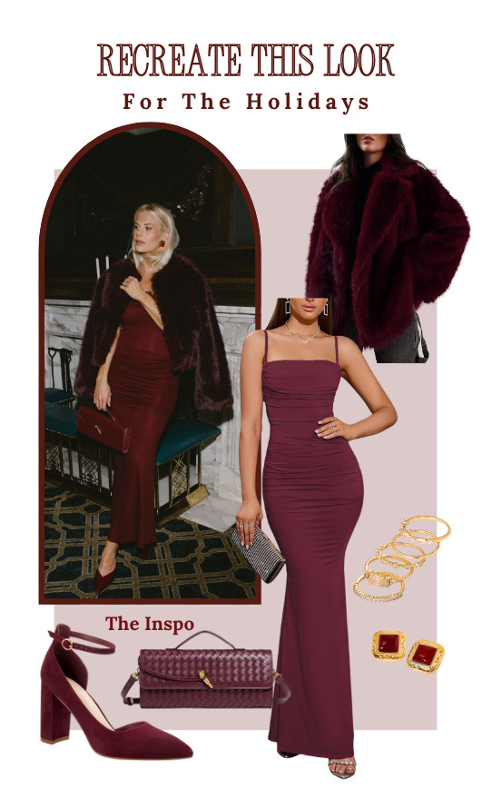 Recreate this look! Feeling elegant and festive this holiday season! Rock this look in a stunning maroon dress and faux fur coat.  

 #LTKHoliday #LTKootd #LTKSaleAlert