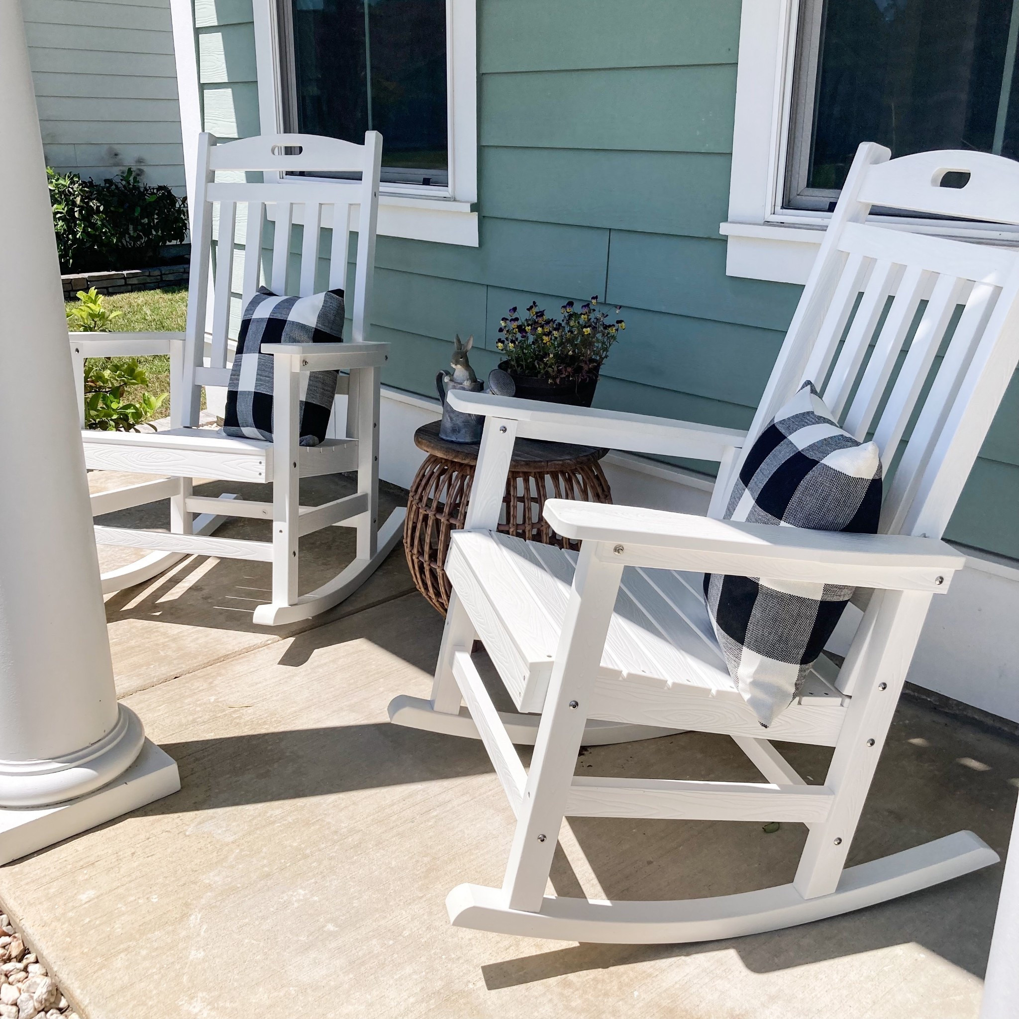 I’m absolutely loving these poly rocking chairs for my front orch this year. These are the oversized ones because my husband is 6’2”, but I am 5’3” and it works well for me too. They comes in a few different colors and this material will stand the test of time being outside year round. Highly recommend!

#LTKOver40 #LTKHome #LTKSeasonal