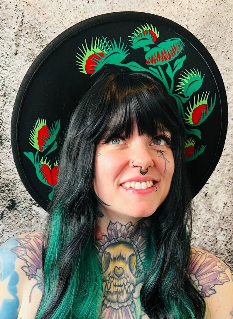 Vegan Felt Wide Brim Hat - goth witch fedora hat -XL Brim - "Venus Fly Traps" | Etsy (CAD)