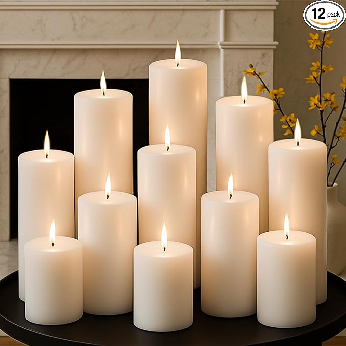 White Pillar Candles Set, 12 Packs, 2.8 in x 4, 6, 8 Inch Assorted Size Unscented Pillar Candles ... | Amazon (US)