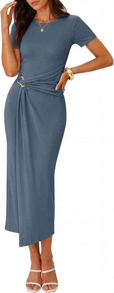 Amazon.com: ZESICA Women's 2026 Summer Short Sleeve Bodycon Midi Dress Crewneck Ruched Wedding Gu... | Amazon (US)