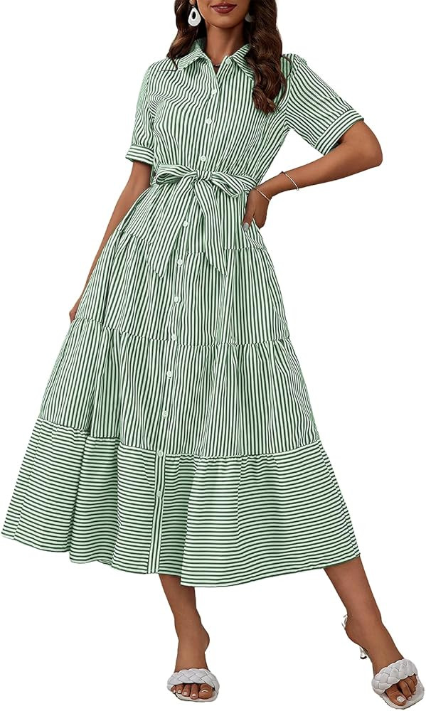 ebossy Women's Boho Striped Shirt Dress Button Down Belted Flowy Ruffles Loose A Line Maxi Long D... | Amazon (US)