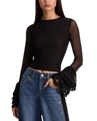 Delaina Sheer Sleeve Cropped Top | Bloomingdale's (US)