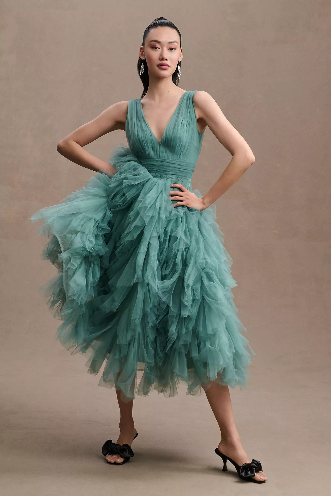 Mac Duggal A-Line Deep-V Ruffled Tulle Midi Dress | Anthropologie (US)