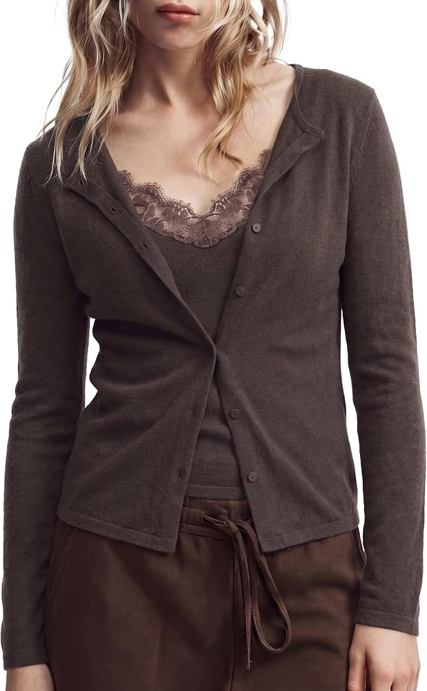 Attached Lace Cami, V Neck,Long Sleeve,Loose Fit,Lightweight,Fall,Daily | Amazon (US)