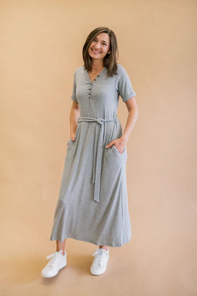 MW Anywhere Ribbed Henley Midi Dress in Gray | Merrick White