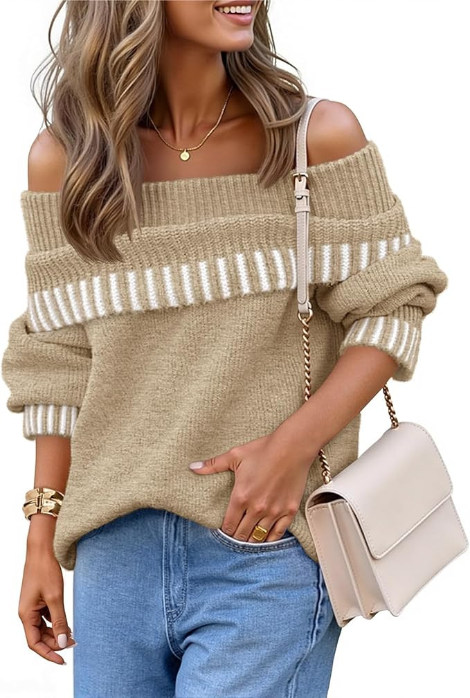 MEROKEETY Women's Off The Shoulder Sweater 2025 Fall Winter Long Sleeve Cute Ribbed Knit Striped ... | Amazon (US)