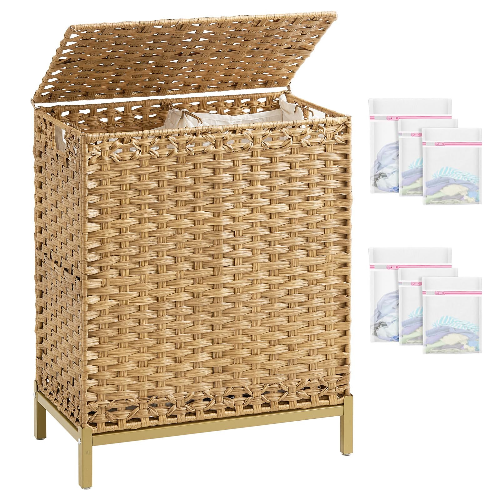 Laundry Hamper with Lid, 112 L Handwoven Rattan Wicker Laundry Basket, 2 Removable Liner Bags Met... | Amazon (US)