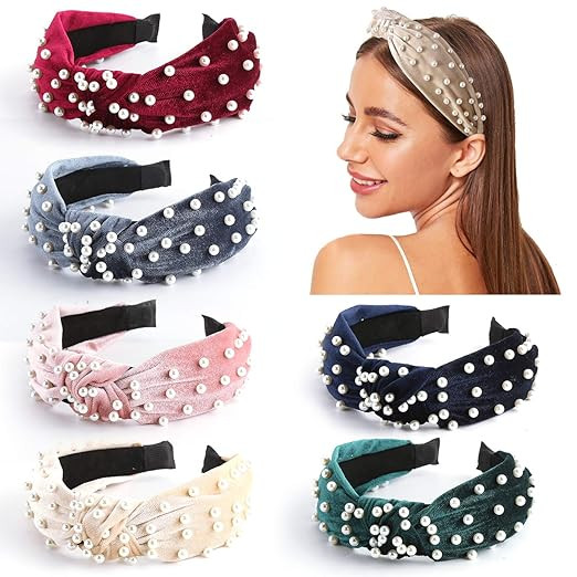 Makone Pearl Headbands for Women Top Knot Velvet Headband Vintage Wide Hairband with Pearl Elasti... | Amazon (US)
