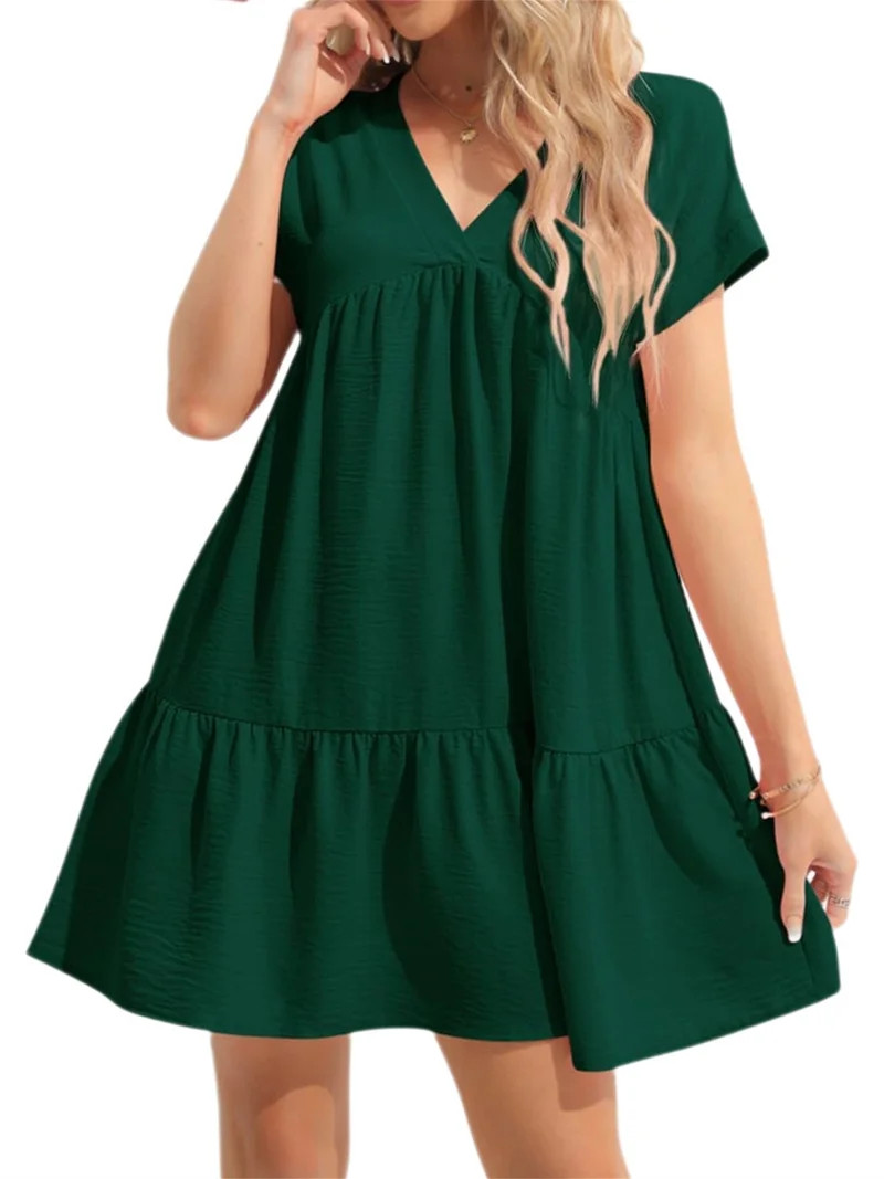 Summer Women V Neck Flowy Babydoll Dresses Short Sleeve Swing Shift Loose Casual Mini Dress | Walmart (US)