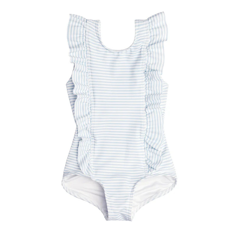 girls powder blue stripe ruffle one piece | minnow
