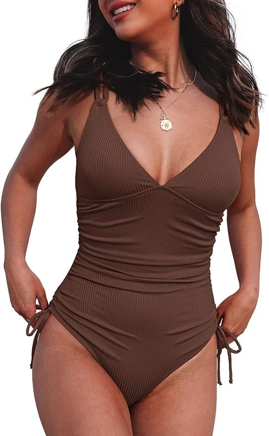 Aleumdr Women's V Neck One Piece Tummy Control Swimsuit Cheeky Tie Side High Cut Bathing Suit Rib... | Amazon (US)