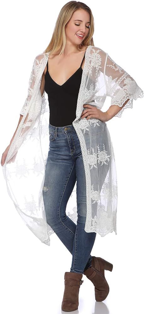 Anna-Kaci Womens Long Embroidered Lace Kimono Cardigan with Half Sleeves | Amazon (US)