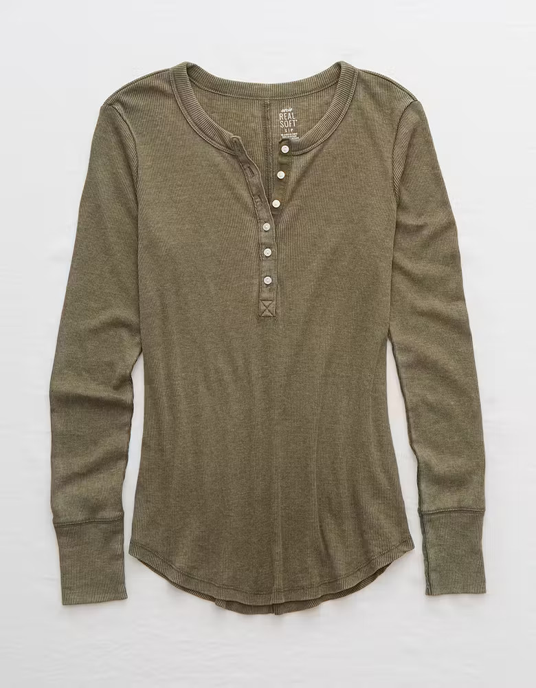 Aerie Long Sleeve Ribbed Henley T-Shirt | American Eagle Outfitters (US & CA)
