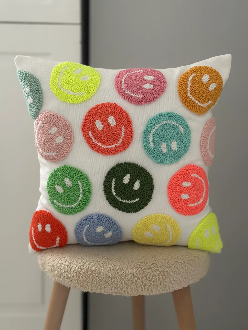Punch Needle Embroidery Colorful Emoji Pillow Cover, Nursery Gift, Decorative Fun Throw Pillow - ... | Etsy (US)