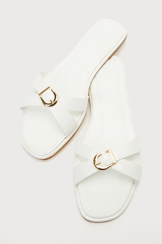 Perline Bone Croc-Embossed Buckle Slide Sandals | Lulus (US)