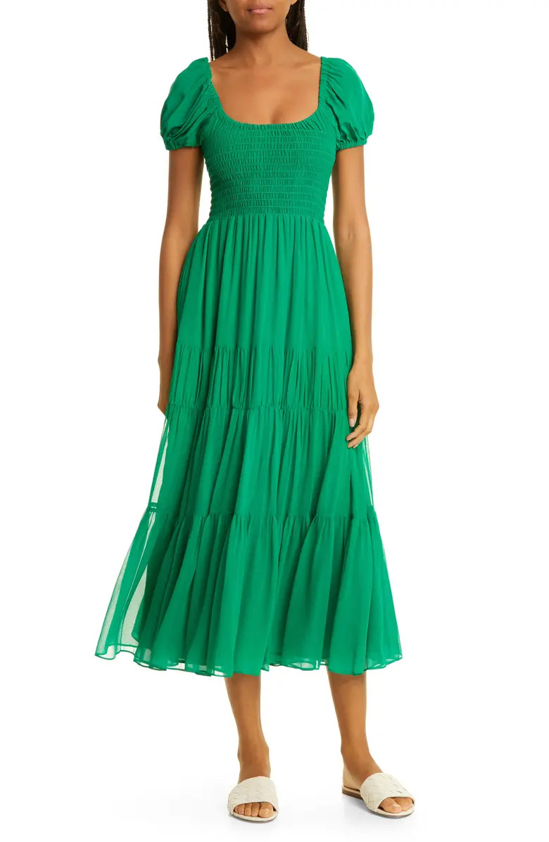 Valentina Smocked Tiered Silk Midi Dress | Nordstrom