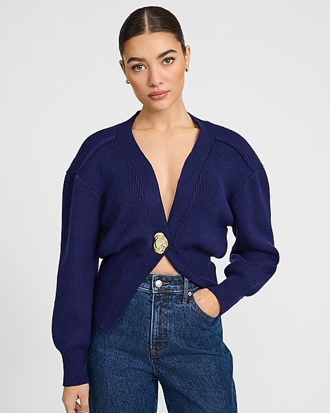 Gold Button V-Neck Banded Cardigan | Express