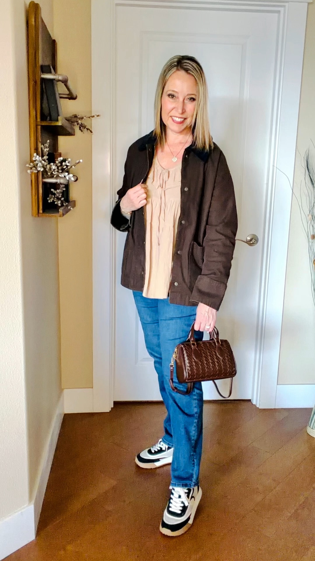Great everyday outfit for a cloudy spring day. 
Love this lightweight barn jacket. It’s versatile, elevated, and somehow both trend and classic. 
Super comfortable better than basic sneakers that go with everything! 
Check out this new chocolate brown woven purse from Target! My new fave! 

#LTKootd #LTKOver40 #LTKSeasonal