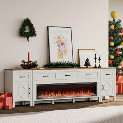 Off-White Modern TV Stand With Fireplace – Entertainment Console With 60" Electric Fireplace, Storage Cabinets, And Drawers For Tvs Up To 100 | Wayfair North America