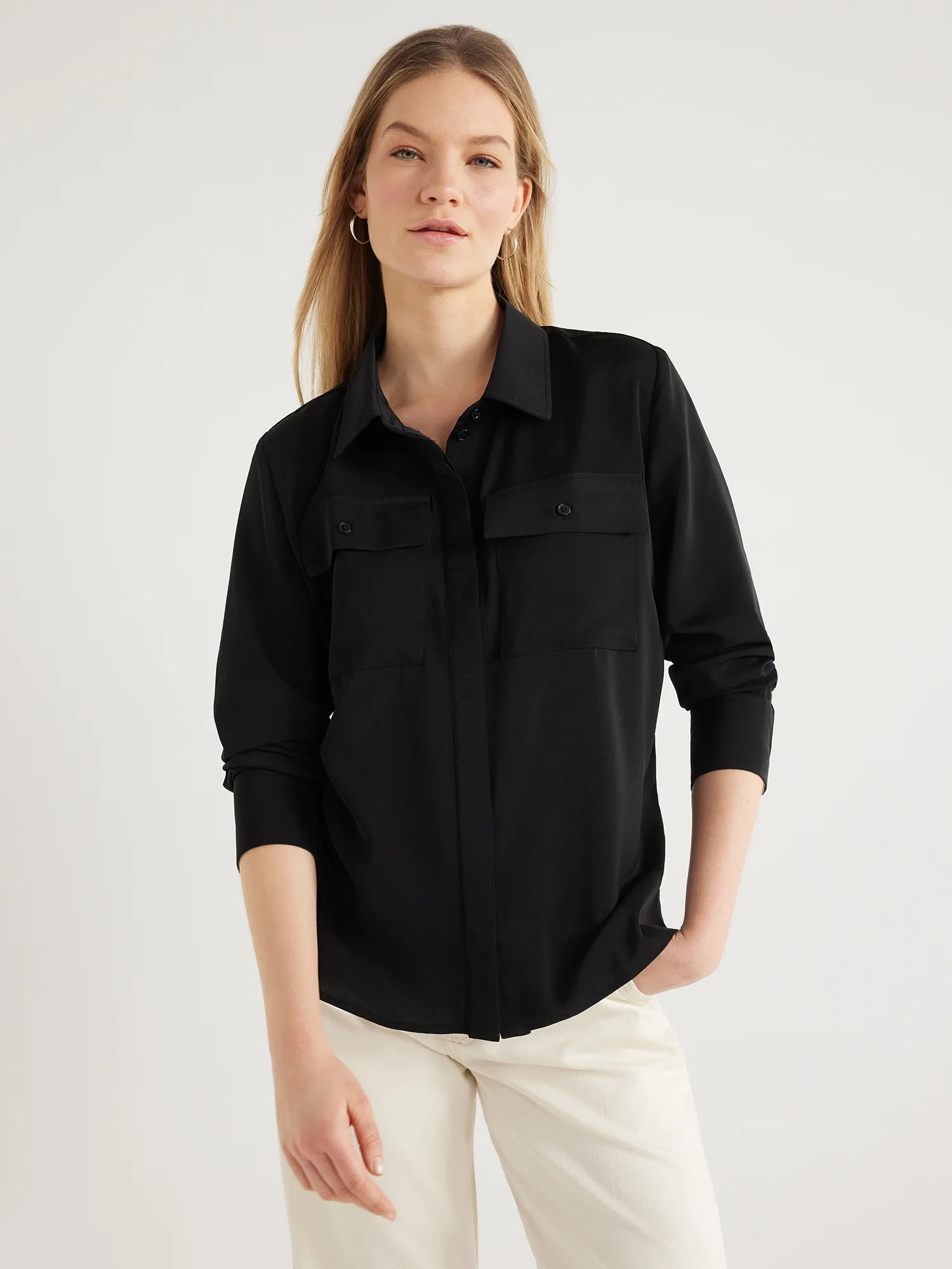 Scoop Women's & Women's Plus Button Down Blouse with Two Pockets, Sizes XS-4X | Walmart (US)