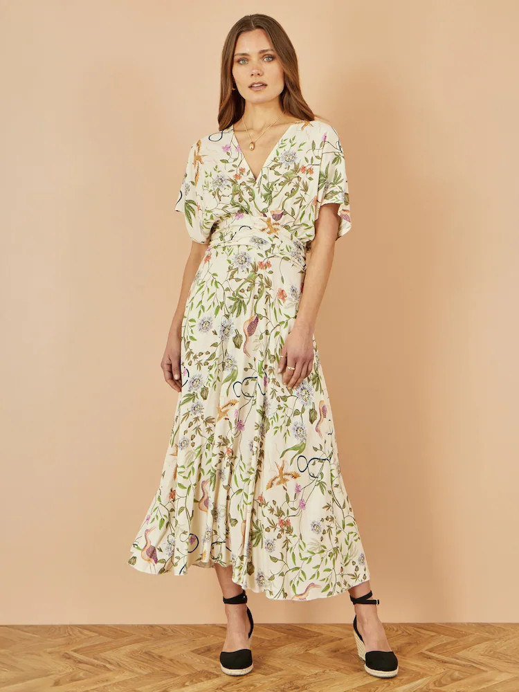 Buy Yumi Natural Floral Print Ruched Waist Midi Dress With Kimono Sleeves from Next USA | Next US