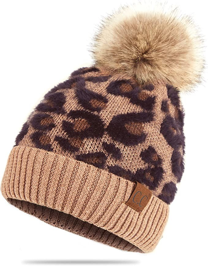 C.C Exclusives Soft Beanie hat with Leopard Pattern and Fur Pom(HAT-7001)(SF-7001) | Amazon (US)