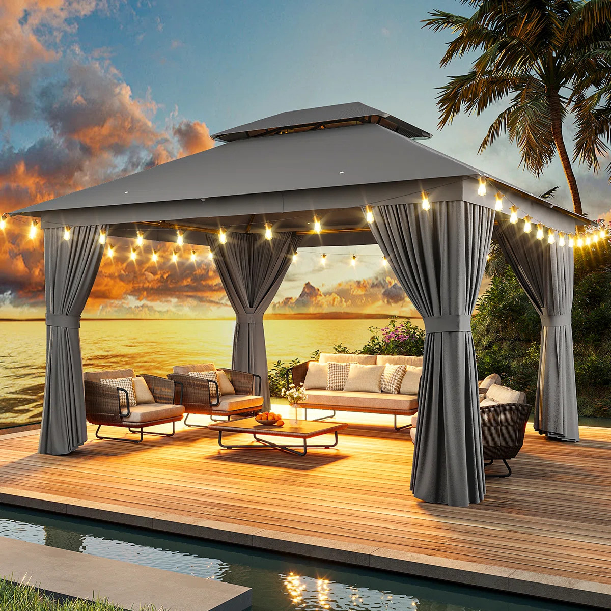 12 Ft. W x 10 Ft. D Outdoor Gazebo With Double Roof, Spacious Canopy With Netting & Curtains, For... | Wayfair North America
