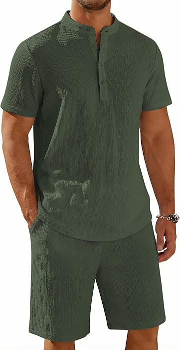 COOFANDY Men's Summer Beach Outfits 2 Piece Casual Textured Henley Shirt and Shorts Set | Amazon (US)