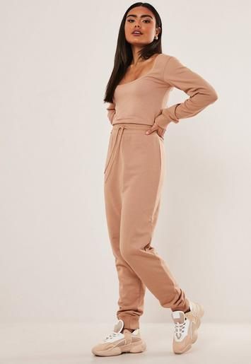 Tall Camel Scoop Neck Long Sleeve Jogger Jumpsuit | Missguided (US & CA)