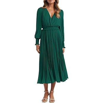 PRETTYGARDEN Womens Wrap V Neck Spring Dresses Wedding Guest Casual Pleated Long Sleeve Midi Dres... | Amazon (US)