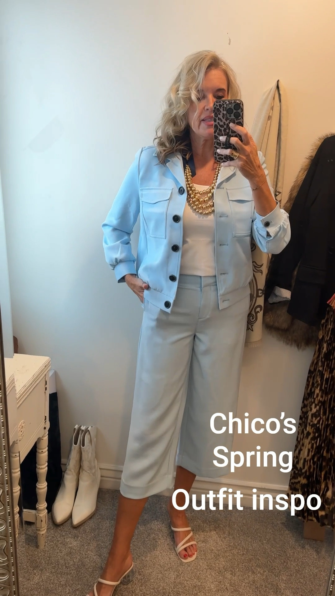 New Chico’s Spring outfit inspo

The cutest bomber style jacket georgette crepe with large button details, pockets and in a beautiful shade of cornflower blue.  Fits tts I am wearing a (0) Chicos sizing .

Georgette crepe Matching wide leg crop pant with pockets and cute button slide waist details. Fits tts I am in a 0 Chicos sizing (4)

Chicos wide strap white tank top. A  perfect  tank top that you can wear with your bra. And a fabric that works for work wear, and great for layering.

Chicos accessories 

-Gold Bead multi strand necklace with navy ribbon 
- Gold Bead stud earrings 
- white leather strap sandals with acrylic block heel, fit tts 

#LTKStyleTip #LTKOver40 #LTKWatchNow
